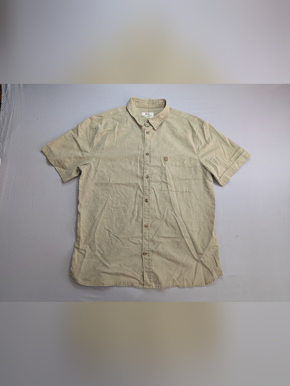 Fjallraven Ovik Travel Shirt Mens L Brown Hemp Blend Comfort Fit Short Sleeve